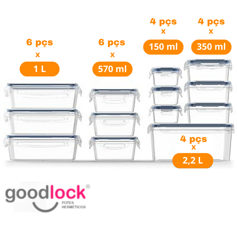 Goodlock® - Kit 24 Potes Herméticos de Vidro  + (Brindes Exclusivos)